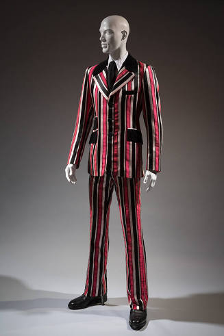 Striped black, pink and pale pink suit jacket with velvet collar and pocket flaps, matching pan…