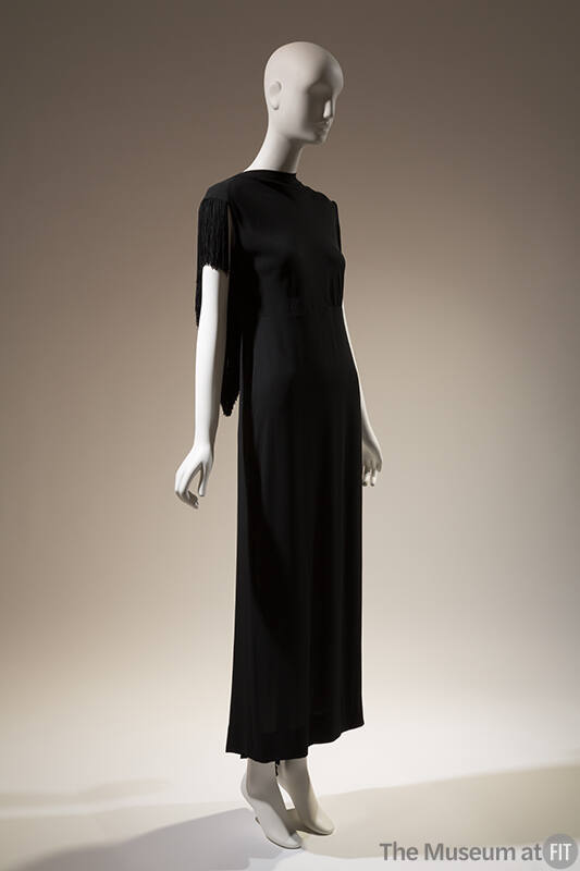 Long black evening dress with high cowl front bodice