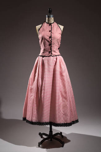 Sleeveless pink and white stripe button front vest and full skirt with black trim 