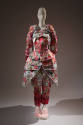 Pink and metallic floral jacquard long sleeve tunic with all over armor like plates, matching p…