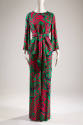 Green, pink, red, purple, paisley print ensemble of tunic with long bell sleeves, wide leg pant…