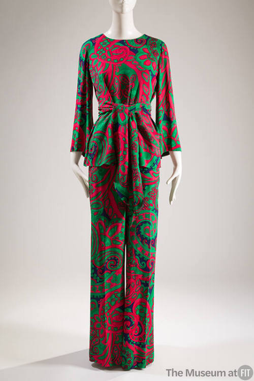 Green, pink, red, purple, paisley print ensemble of tunic with long bell sleeves, wide leg pant…