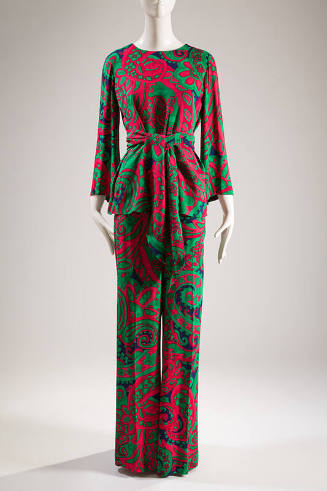 Green, pink, red, purple, paisley print ensemble of tunic with long bell sleeves, wide leg pant…