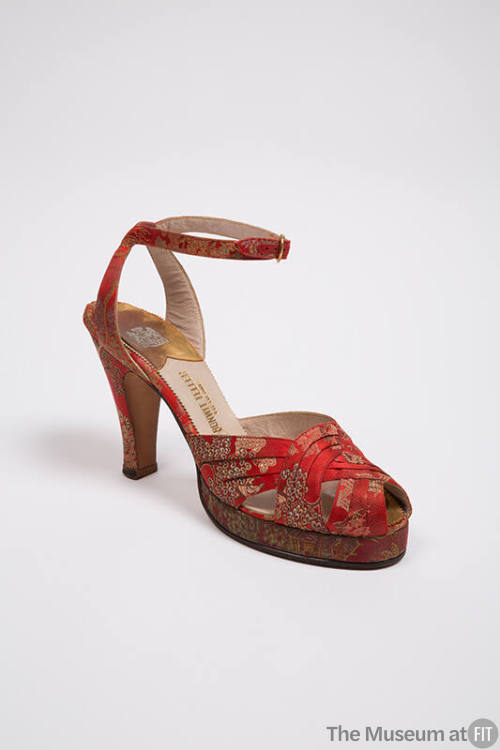 Red platform evening sandal with tan Chinese inspired brocade, vamp of three interlaced bands a…