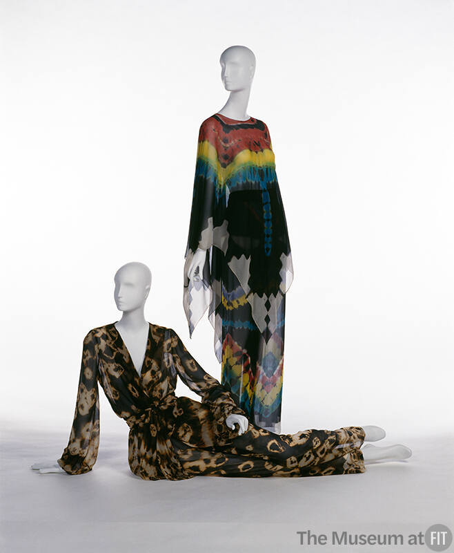 Left: Black and yellow tie-dye long sleeve  top and pants Right:  Poncho style top and wide leg…