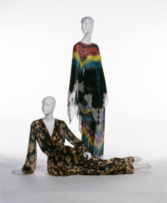 Left: Black and yellow tie-dye long sleeve  top and pants Right:  Poncho style top and wide leg…