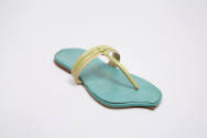Blue leather thong sandal with light green and beige knotted instep band and front footbed diag…