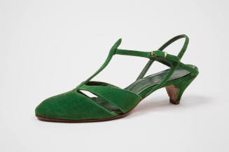 Green sling back shoe with T strap vamp and low heel