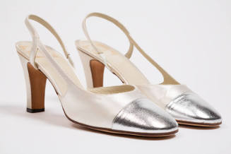 White sling back high heel evening shoes with silver metallic toe cap