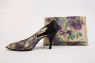 Green, purple, and turqouise warp print silk evening pump and matching clutch bag