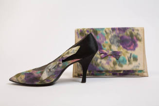 Green, purple, and turqouise warp print silk evening pump and matching clutch bag