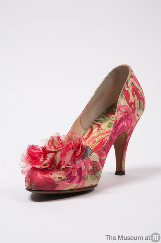 Pink and green printed floral silk chiffon pumpswith large self flower 