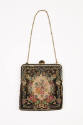 Small square pouch tapestry bag with symmetrial floral design and gold frame, chain handle