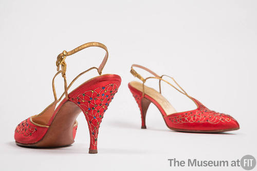 Red orange sling back evening sandals with gold metallic embroidery, rhinestone trim, stiletto …
