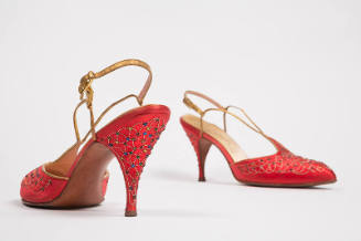 Red orange sling back evening sandals with gold metallic embroidery, rhinestone trim, stiletto …