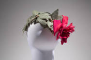 Heart shaped hairline cap with green faux leaves and rose at back