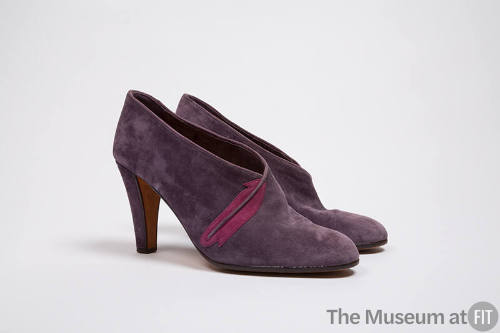 Purple suede pump/ankle bootie with pink suede feather applique 