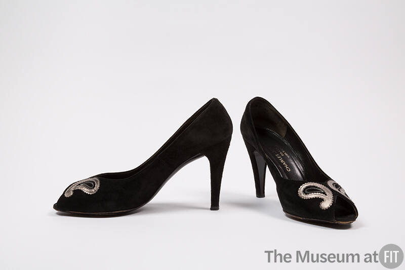 Pair of black open toe pumps with bronze metallic paisley appliqués on vamp and high stiletto h…