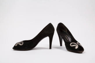 Pair of black open toe pumps with bronze metallic paisley appliqués on vamp and high stiletto h…