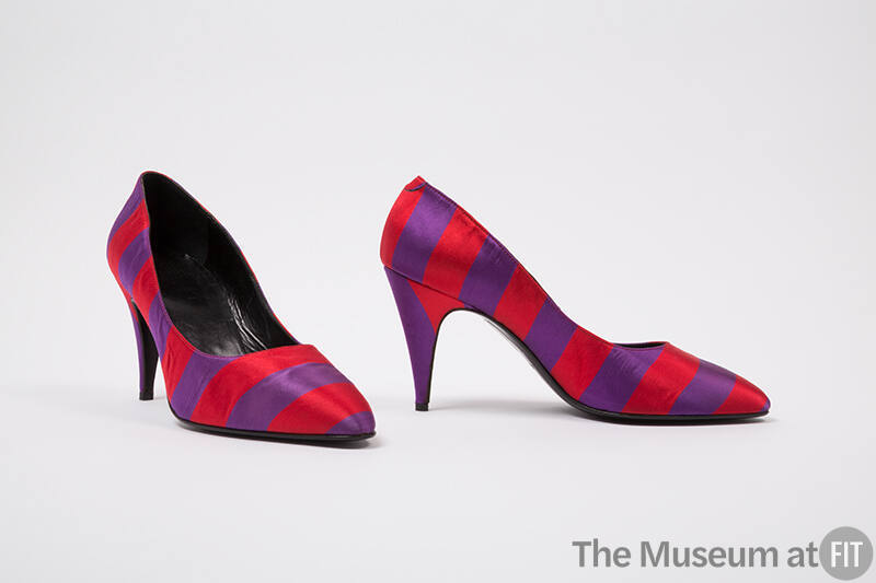 Pair of red and purple striped high heel pumps