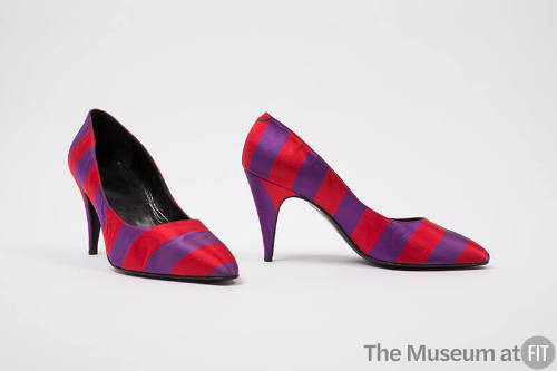 Pair of red and purple striped high heel pumps