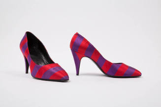 Pair of red and purple striped high heel pumps
