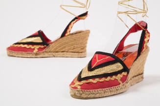 Red, black, gold wedge heel espadrilles with gold string ankle ties