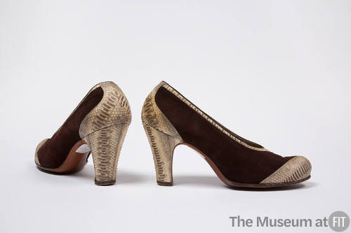 Brown suede and off-white snakeskin high heel pumps 