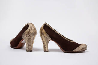 Brown suede and off-white snakeskin high heel pumps 