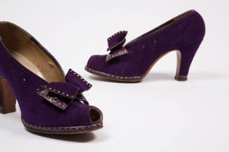 Purple open toe high heel pumps with gold stud trim and bow at front