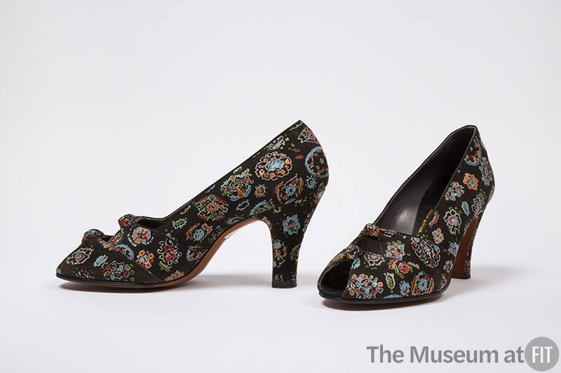 Black leather open toe pumps printed with red, blue, green, orange floral design