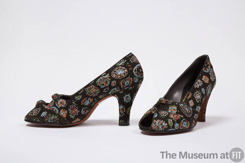 Black leather open toe pumps printed with red, blue, green, orange floral design