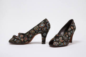 Black leather open toe pumps printed with red, blue, green, orange floral design