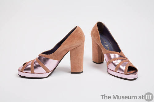 Tan suede and metallic pink platform front open toe high heel shoes