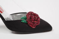 Toe detail of black shoe with red rhinestone applique with green leaves
