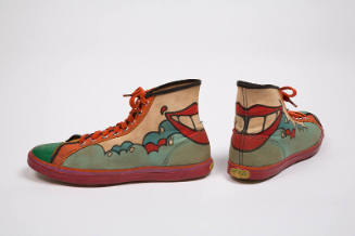 Multicolor lace-up high top sneakers with cloud and smile motif, red soles