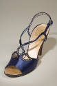 Front view of blue satin high heel open toe ankle strap sandals with rhinestone cutout teardrop…