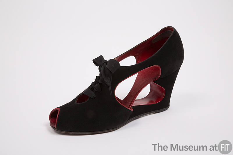 Black suede open toe shoes, red leather lining with cutout wedge heel, lace-up front and cut aw…