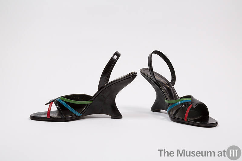 Black patent leather sling back high heel wedge sandals green, blue, black and red straps