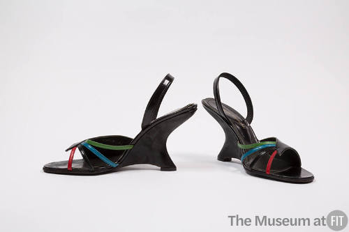 Black patent leather sling back high heel wedge sandals green, blue, black and red straps