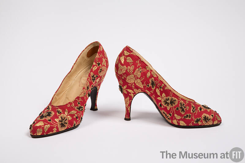Pair of red pumps with gold floral brocade, black and gold bead embroidery, gold insole and hig…