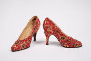 Pair of red pumps with gold floral brocade, black and gold bead embroidery, gold insole and hig…