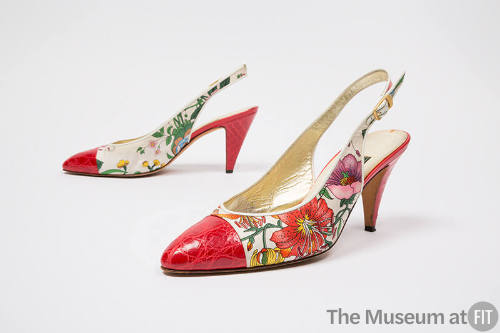 High heeled sling backs in white, multicolor floral print and gold metal buckle