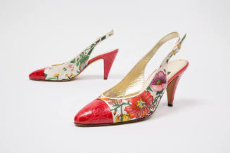 High heeled sling backs in white, multicolor floral print and gold metal buckle