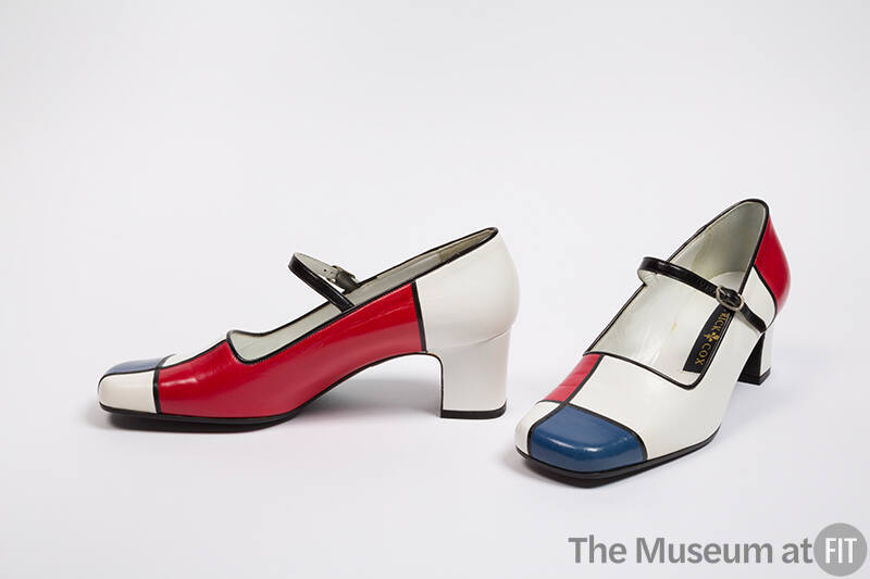 Mondrian square toed white Mary Janes with red and blue squares and medium straight heel