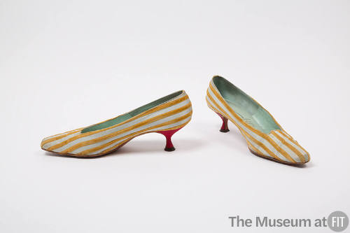 Pale blue and gold ribbon striped evening pumps with square point toe 