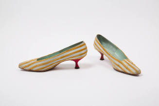 Pale blue and gold ribbon striped evening pumps with square point toe 