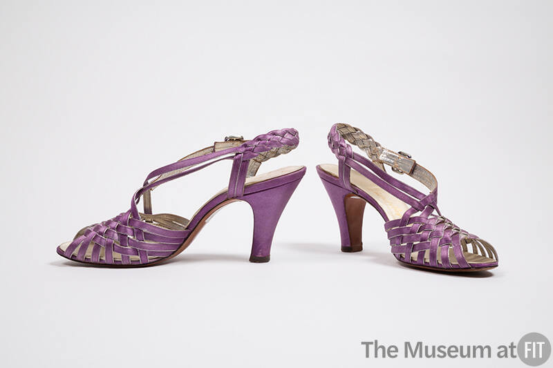 Pair of lavender high heel slingback sandals with braided vamp and rhinestone ankle buckle