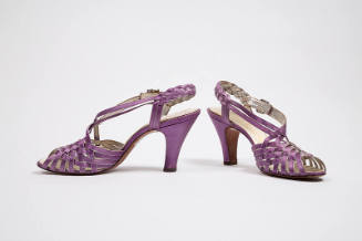 Pair of lavender high heel slingback sandals with braided vamp and rhinestone ankle buckle