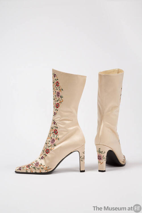 Off-white satin mid-calf high heel boots with floral embroidery